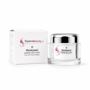 Maskpeel CentroBeauty peeling viso e collo con barattolo dal tappo argentato e scatola su sfondo bianco