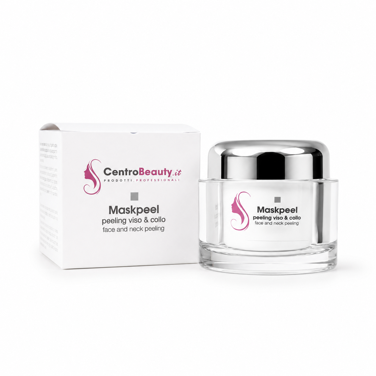 Maskpeel CentroBeauty peeling viso e collo con barattolo dal tappo argentato e scatola su sfondo bianco