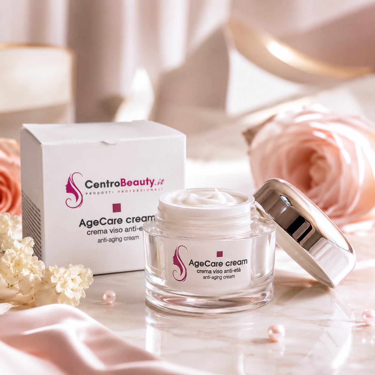AgeCare Cream CentroBeauty.it in barattolo aperto con crema visibile, accanto alla confezione, in ambientazione elegante e raffinata.