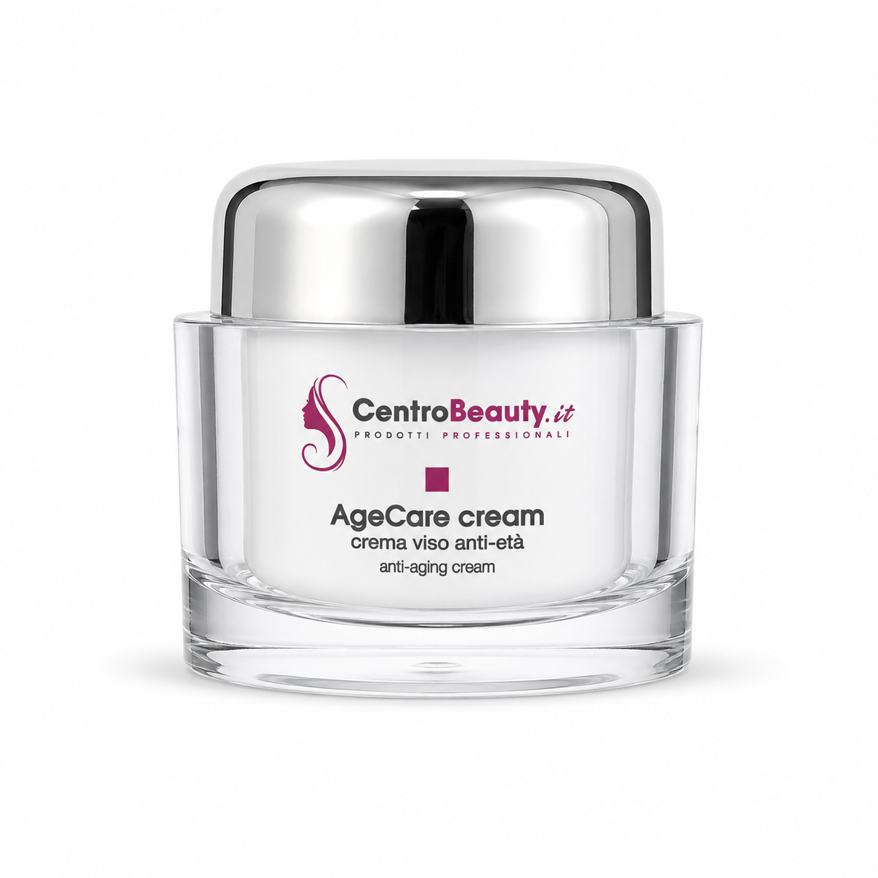 Barattolo AgeCare Cream CentroBeauty.it, crema viso anti-età, su sfondo bianco con tappo argentato.