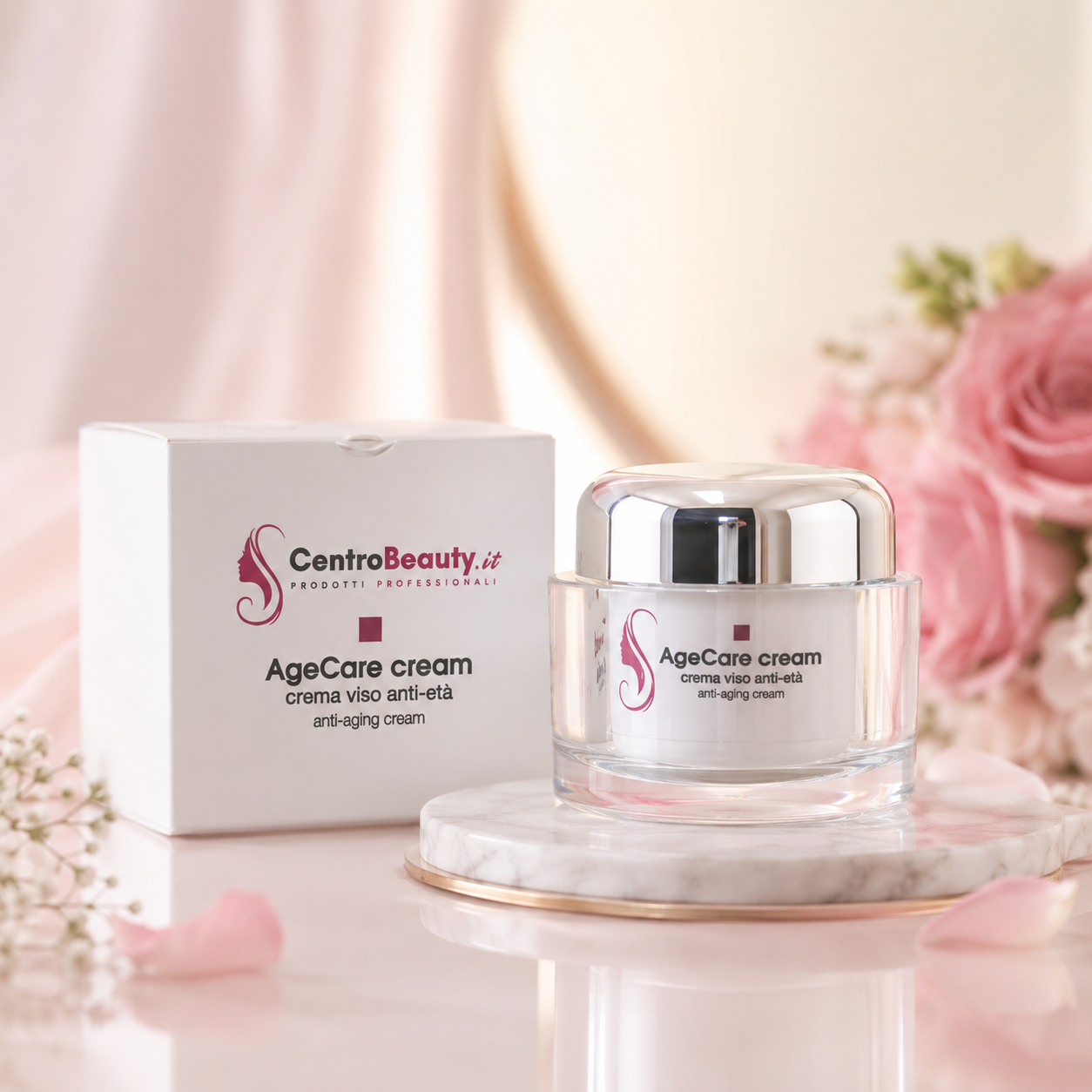 AgeCare Cream CentroBeauty.it con scatola e barattolo in ambientazione elegante dai toni rosa, ideale per presentazione prodotto.