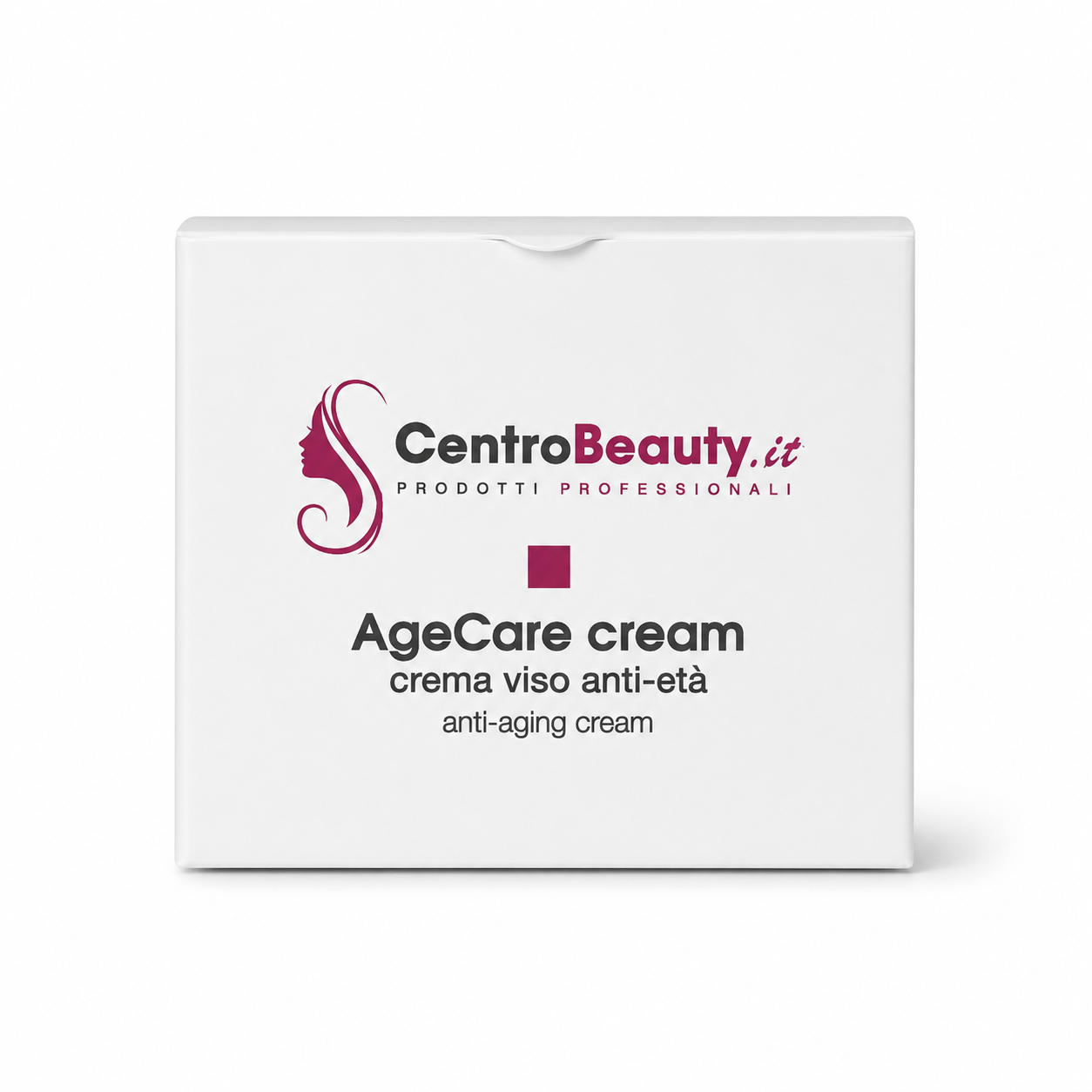 Scatola AgeCare Cream CentroBeauty.it crema viso anti-età su sfondo bianco, immagine prodotto per e-commerce.