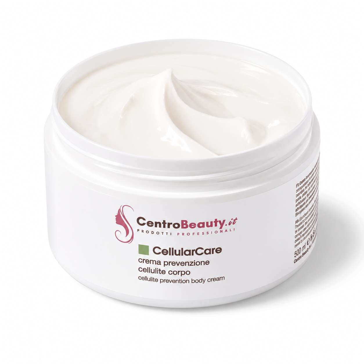 Barattolo aperto CellularCare CentroBeauty con crema corpo bianca visibile, trattamento cosmetico prevenzione cellulite