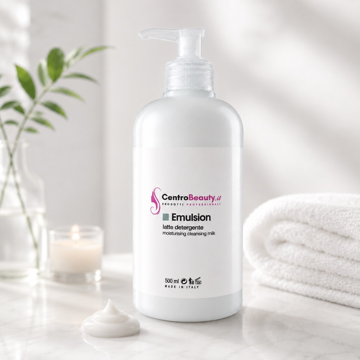 Emulsion latte detergente Centro Beauty 500 ml ambientato in cabina estetica con crema, asciugamani e atmosfera spa
