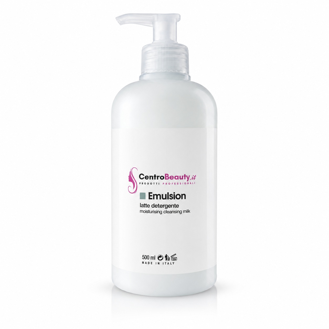 Flacone Emulsion Centro Beauty latte detergente professionale da 500 ml su sfondo bianco