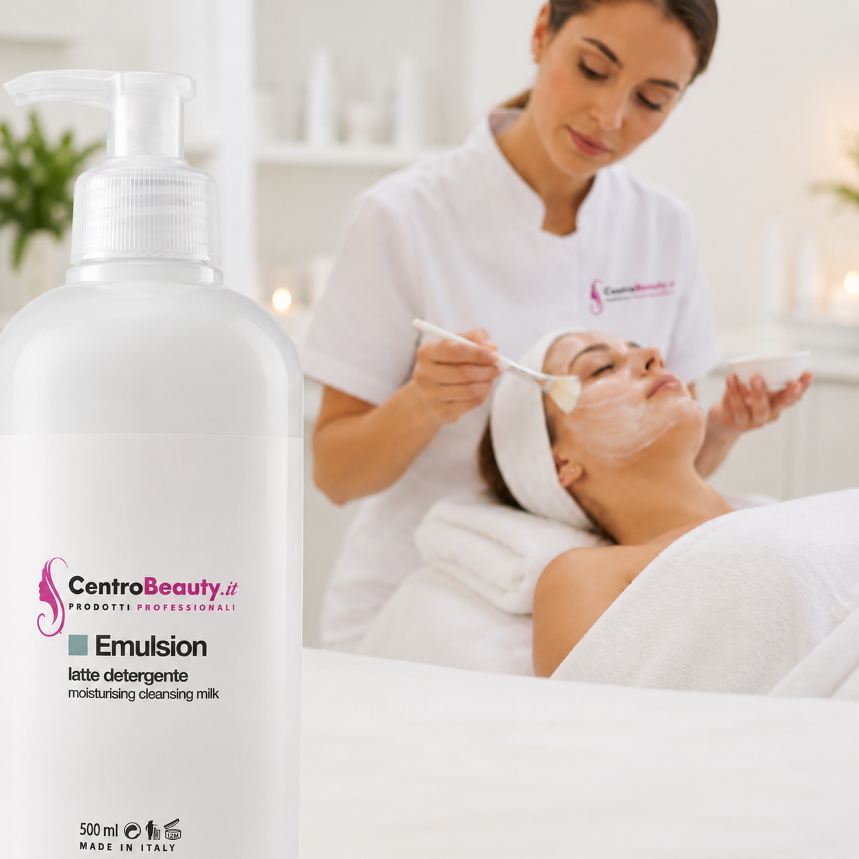 Flacone Emulsion Centro Beauty latte detergente 500 ml con estetista che applica il prodotto durante un trattamento viso professionale