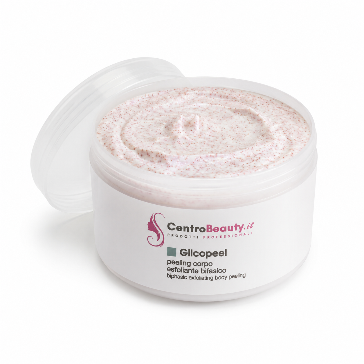 Barattolo aperto Glicopeel Centro Beauty con texture esfoliante bifasica visibile su sfondo bianco