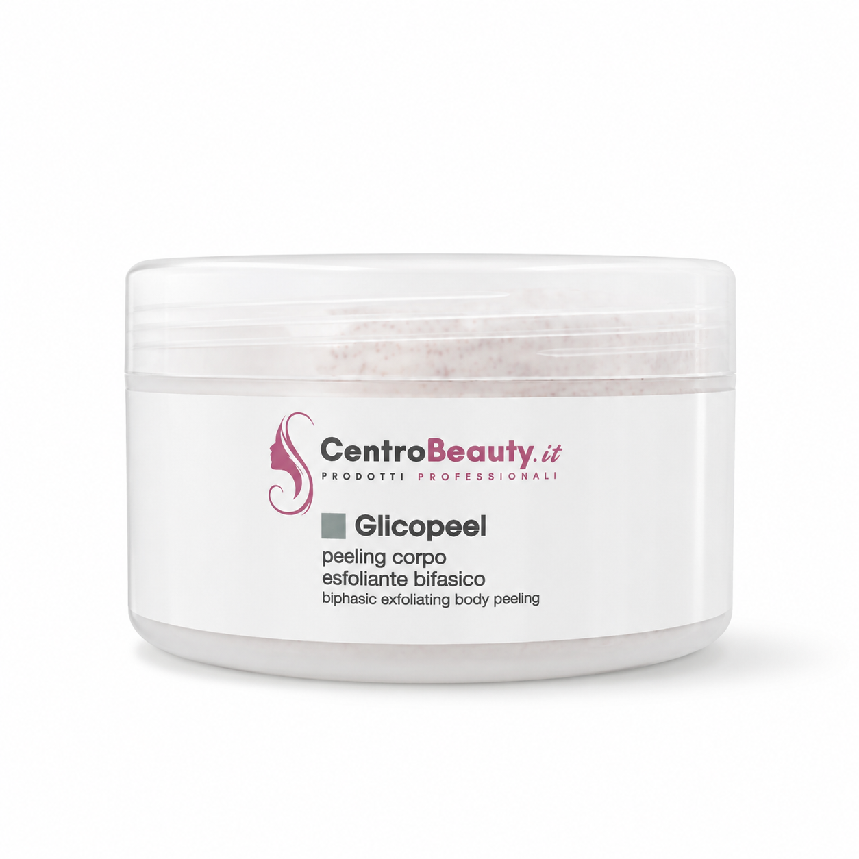 Barattolo Glicopeel Centro Beauty, peeling corpo esfoliante bifasico, su sfondo bianco