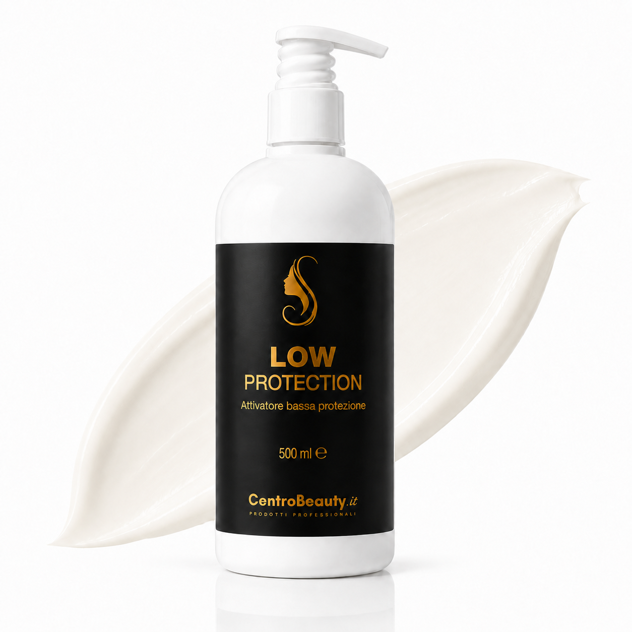 Low Protection attivatore bassa protezione 500 ml Centro Beauty con flacone bianco su sfondo bianco e texture crema molto chiara