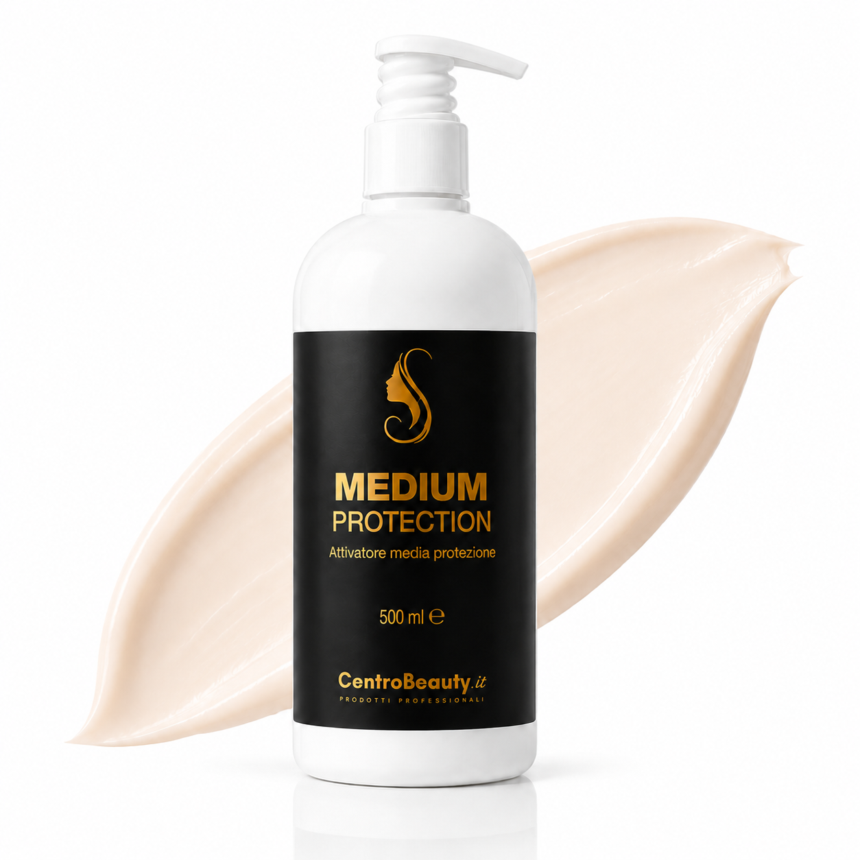 Medium Protection attivatore media protezione 500 ml Centro Beauty con flacone bianco su sfondo bianco e texture crema chiara