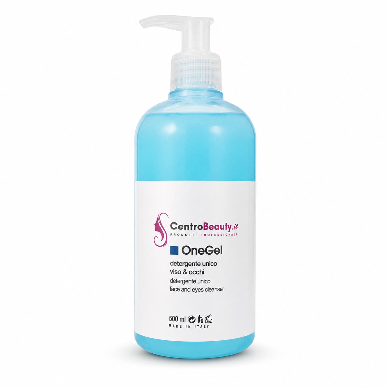 Flacone One Gel Centro Beauty 500 ml, detergente unico viso e occhi, su sfondo bianco