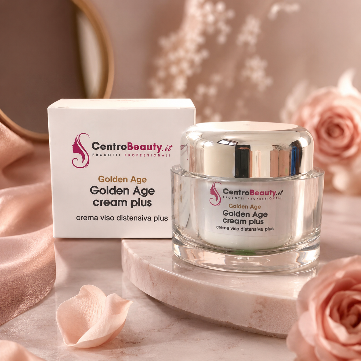 Golden Age Cream Plus Centro Beauty con crema viso distensiva plus in ambientazione premium con fiori, tessuto rosa e luce morbida