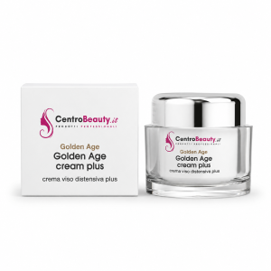 Golden Age Cream Plus Centro Beauty con barattolo e scatola su sfondo bianco, crema viso distensiva plus
