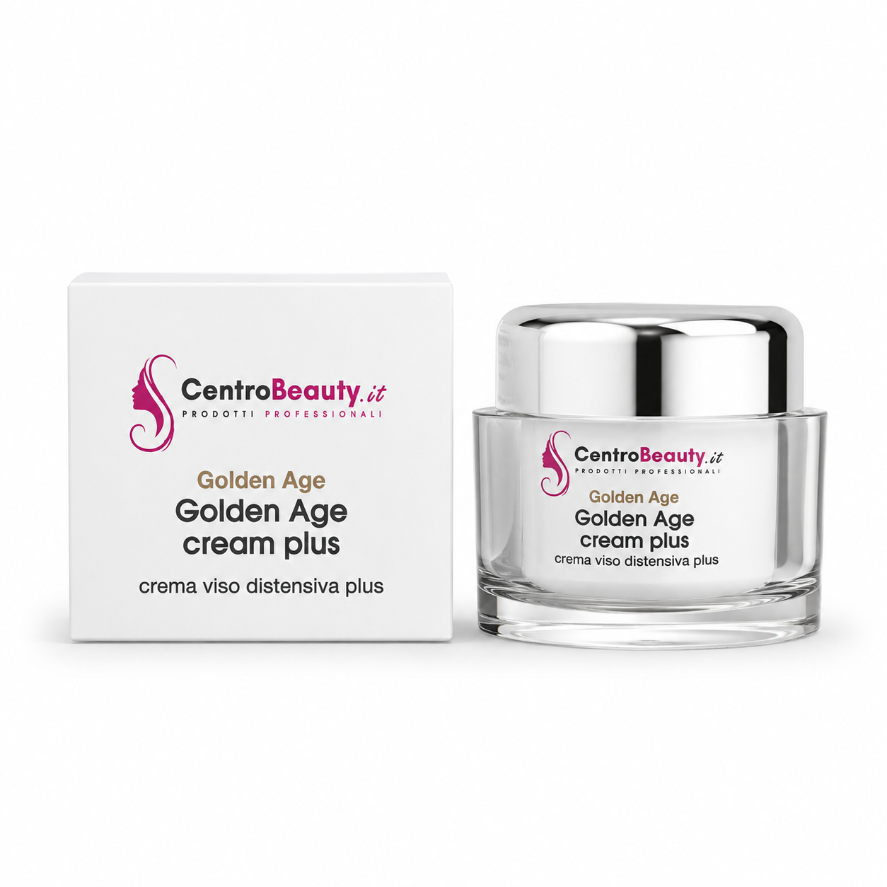 Golden Age Cream Plus Centro Beauty con barattolo e scatola su sfondo bianco, crema viso distensiva plus