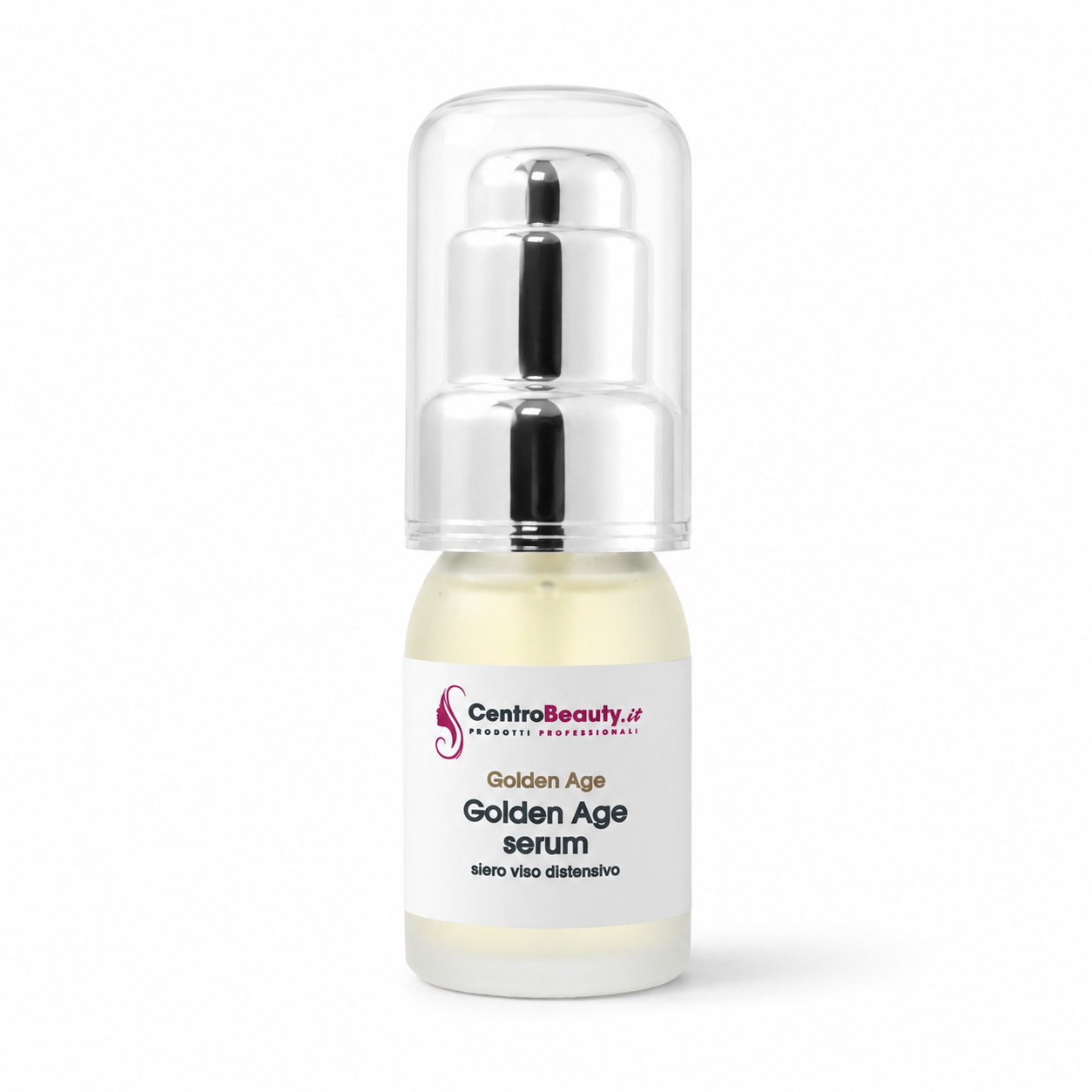 Golden Age Serum CentroBeauty, siero viso distensivo, flacone su sfondo bianco