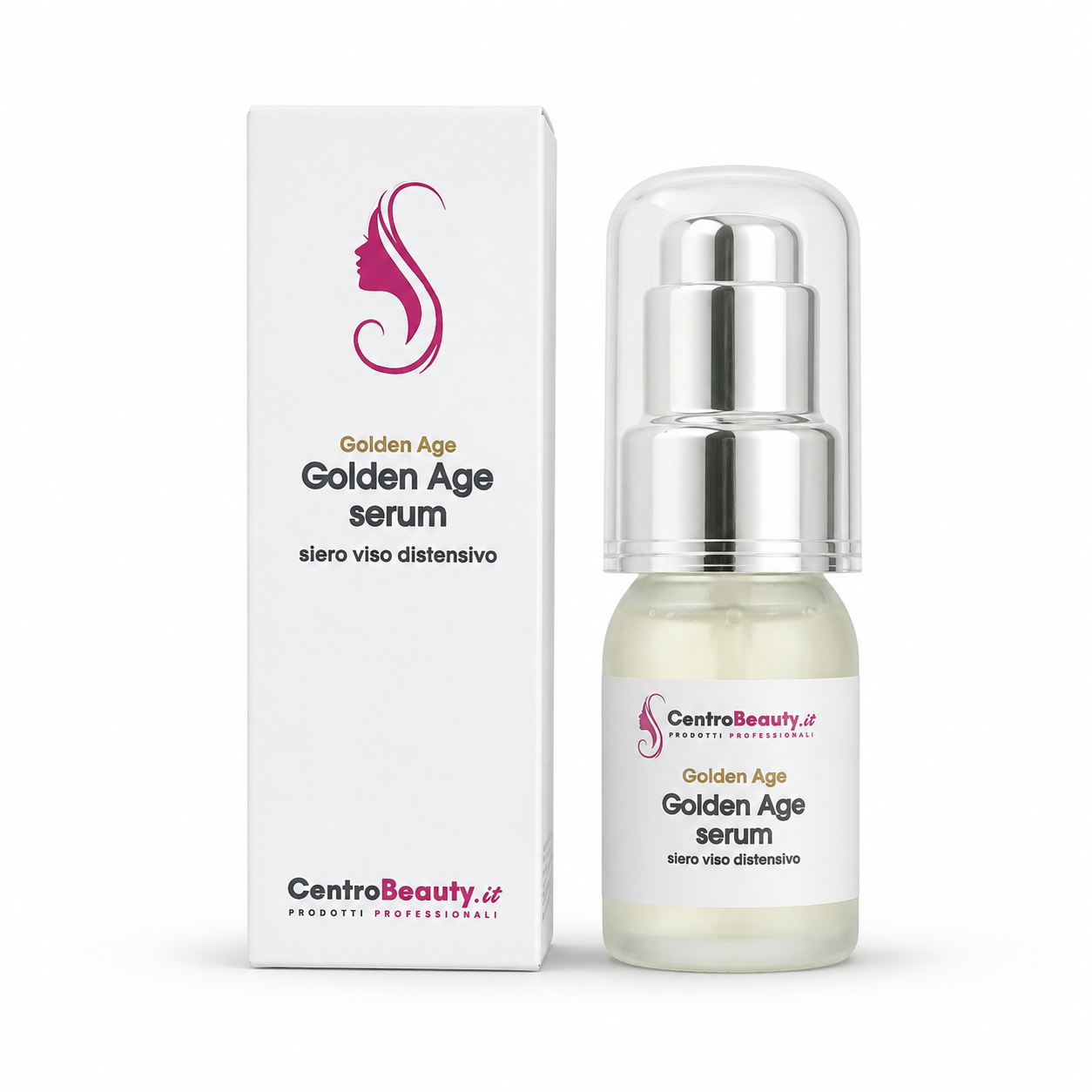 Golden Age Serum CentroBeauty con scatola, siero viso distensivo su sfondo bianco