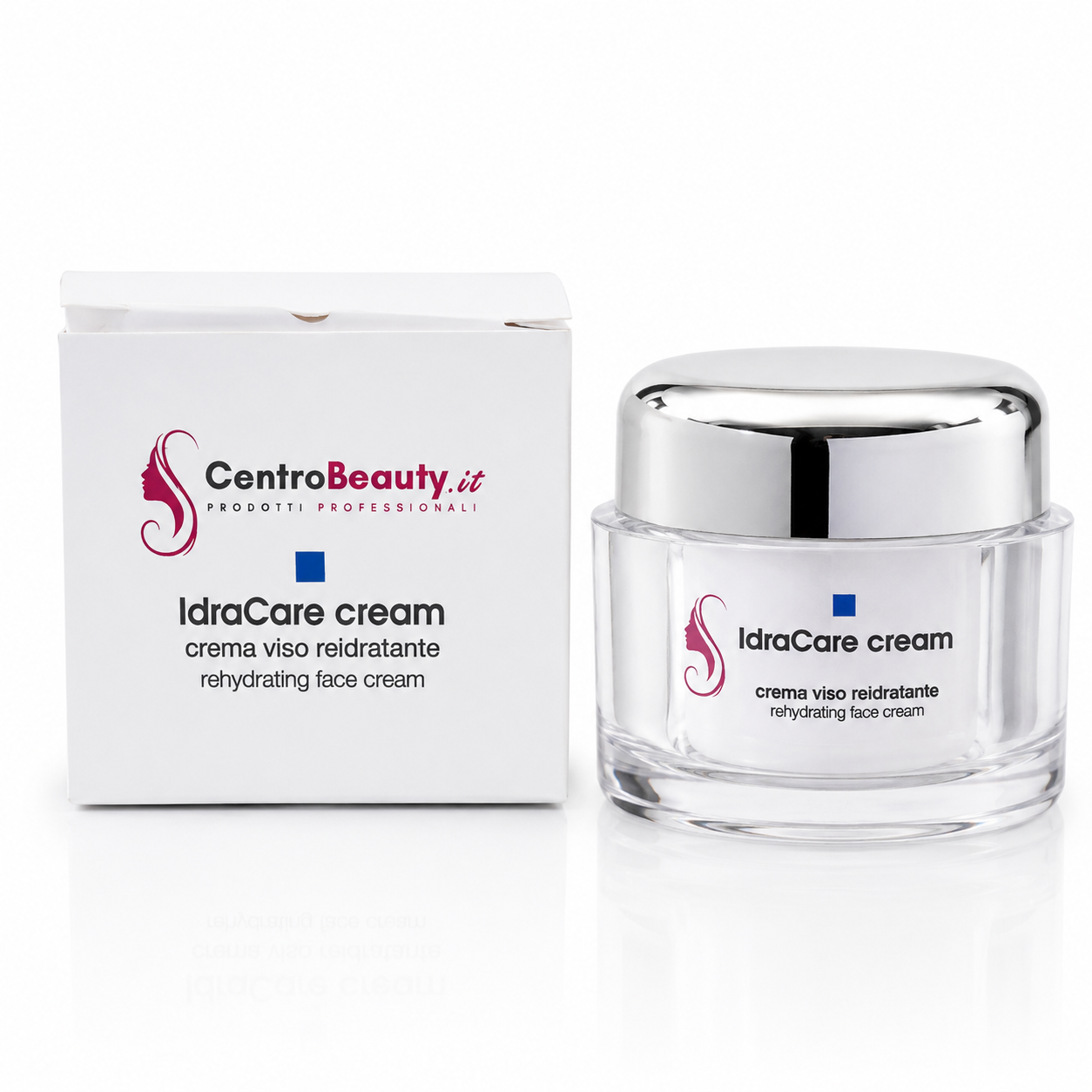 IdraCare Cream Centro Beauty con barattolo e scatola su sfondo bianco, crema viso reidratante