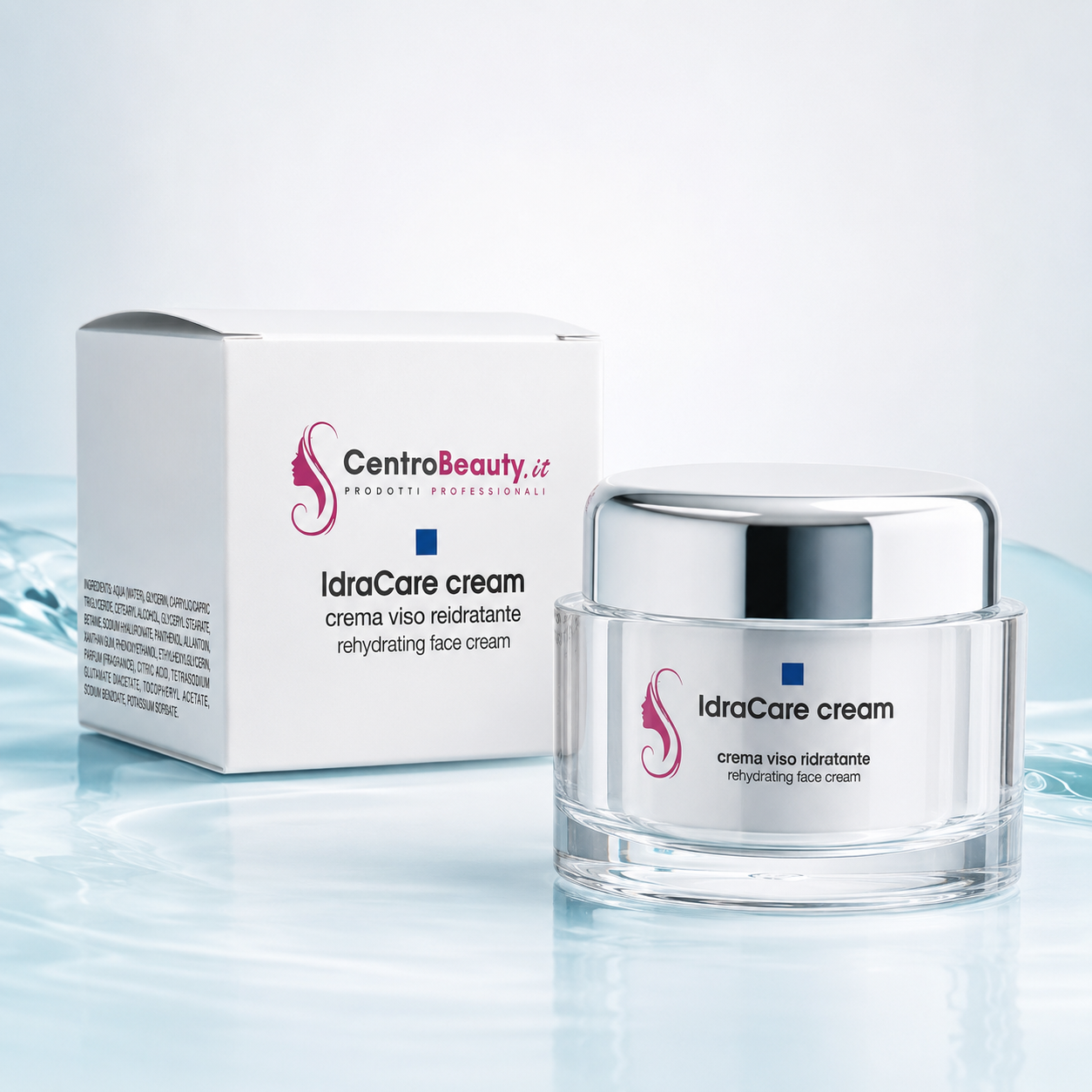 IdraCare Cream Centro Beauty con scatola e barattolo in ambientazione dai toni azzurrini che richiama idratazione e freschezza