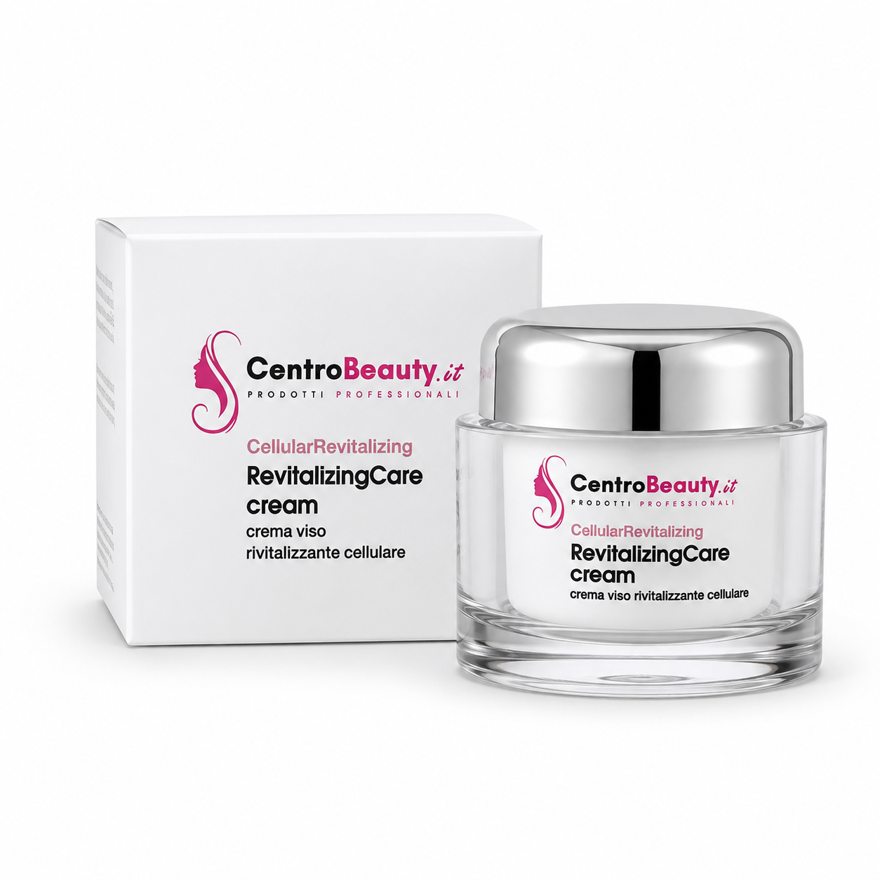 Crema viso rivitalizzante cellulare Revitalizing Care Cream di CentroBeauty.it con vasetto e confezione su sfondo chiaro