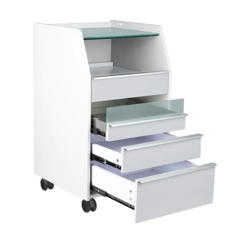 Carrello professionale per cabine pedicure ELBA con piano in vetro, ruote e lampada UV - immagine 5