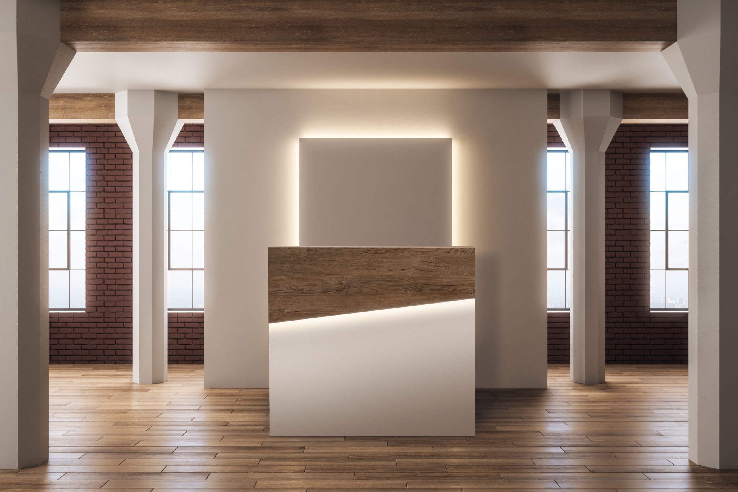 Panoramica 2 PENNY banco cassa legno rovere e bianco con led