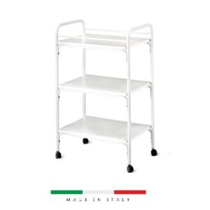 SILVY Carrello in acciaio a 3 ripiani bianco con presa di corrente a 3 posti