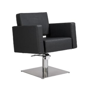 Poltrona da taglio professionale modello FLIRTY con seduta in schiuma ad alta densità, base quadrata in acciaio inossidabile e rivestimento nero resistente.