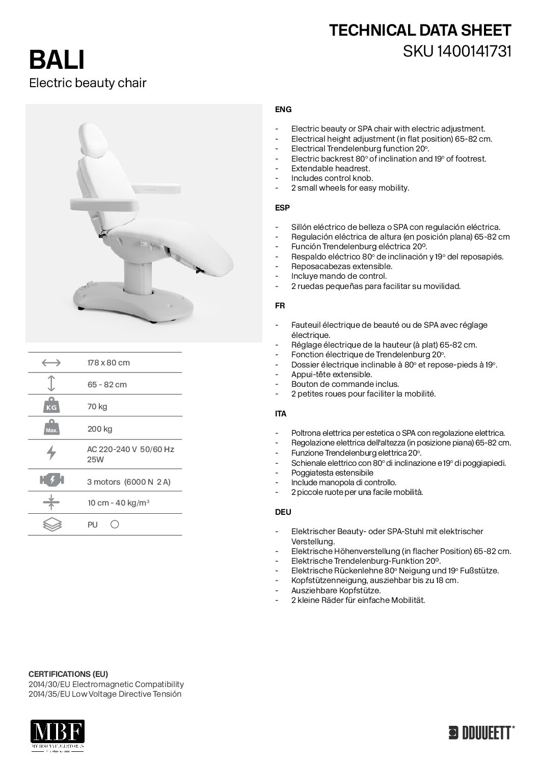 Poltrona Elettrica BALI 3 Motori per Centri Estetici e SPA - immagine 9