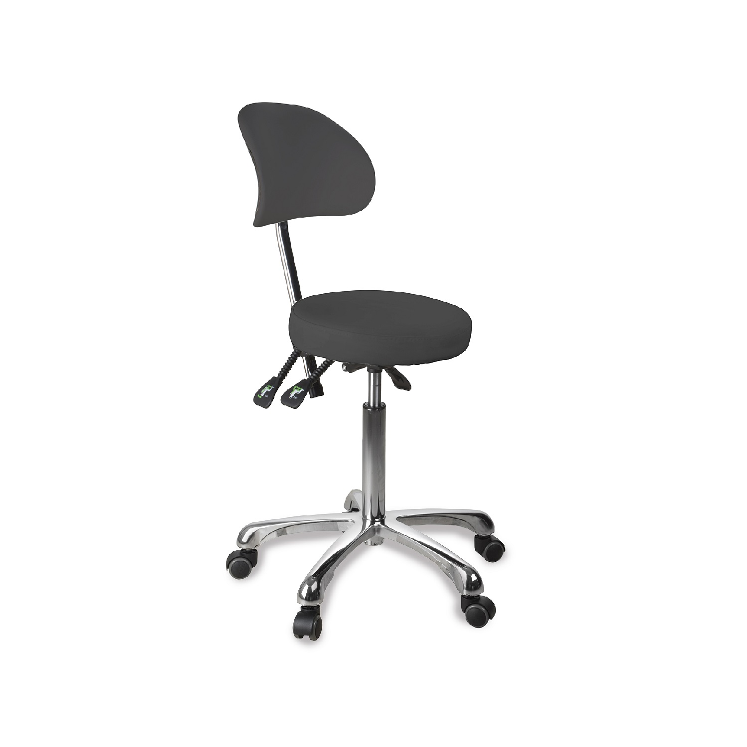 Sgabello ergonomico ZIN BACK nero con seduta ergonomica e base cromata.
