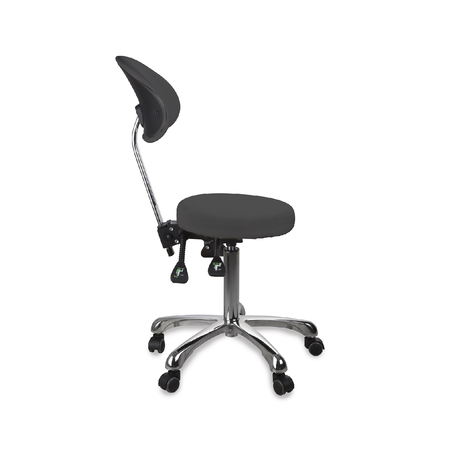 Sgabello ergonomico ZIN BACK nero con schienale regolabile e base a 5 razze cromata.