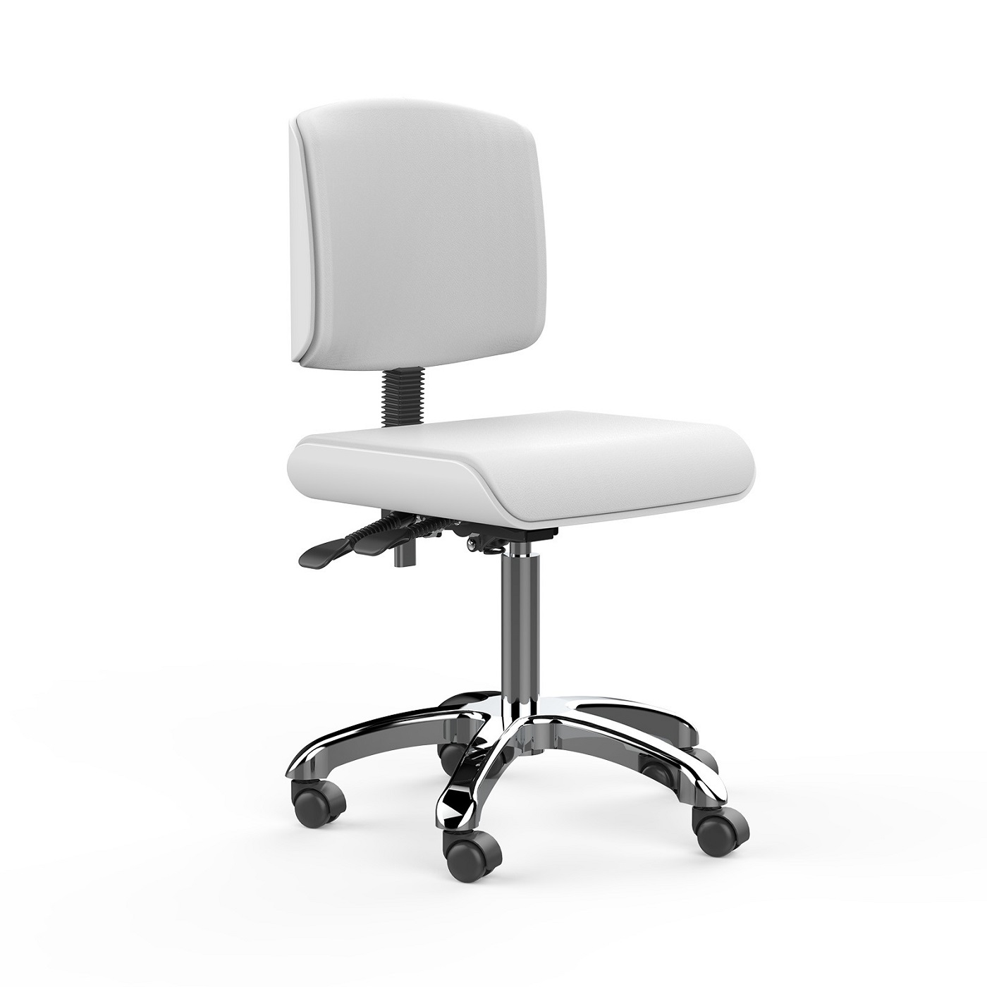 Sgabello professionale ZOI in bianco per centri estetici e SPA, con schienale ergonomico e base a 5 ruote