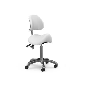 Sgabello ergonomico ZIN BACK bianco con base cromata e seduta confortevole.
