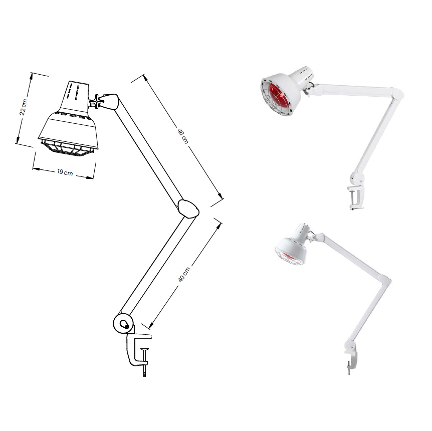 Diagramma tecnico della lampada MYSO TABLE, con misure precise del braccio articolato e della base.