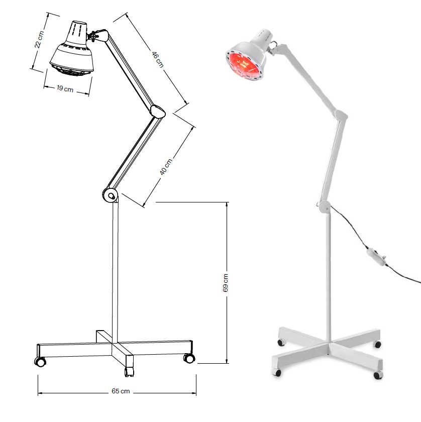 Diagramma tecnico della lampada MYSO, con misure precise del braccio articolato e della base.