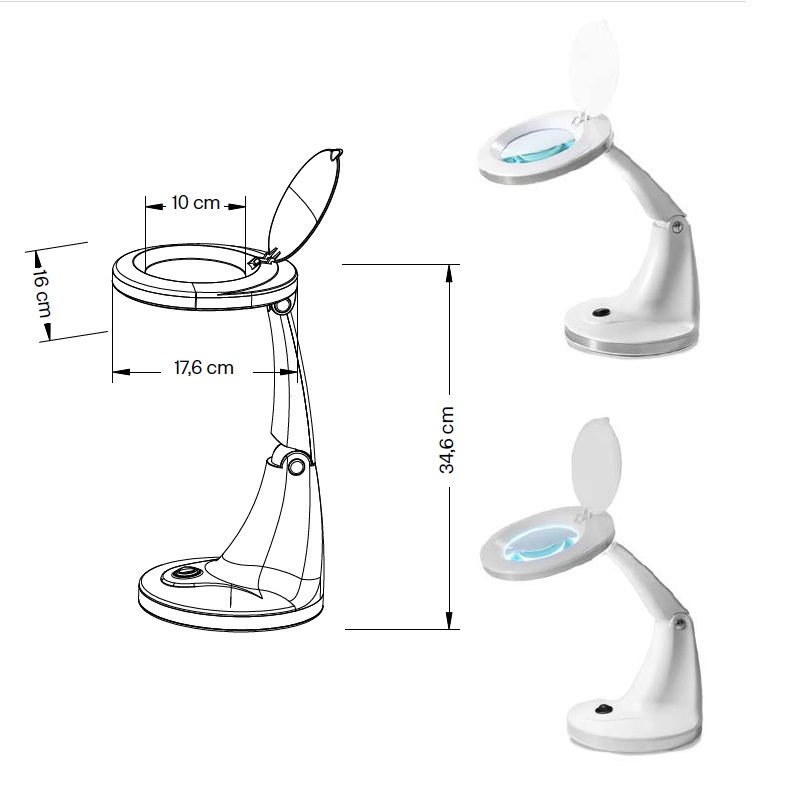 Diagramma tecnico della lampada HALA, con misure precise del braccio articolato e della base.