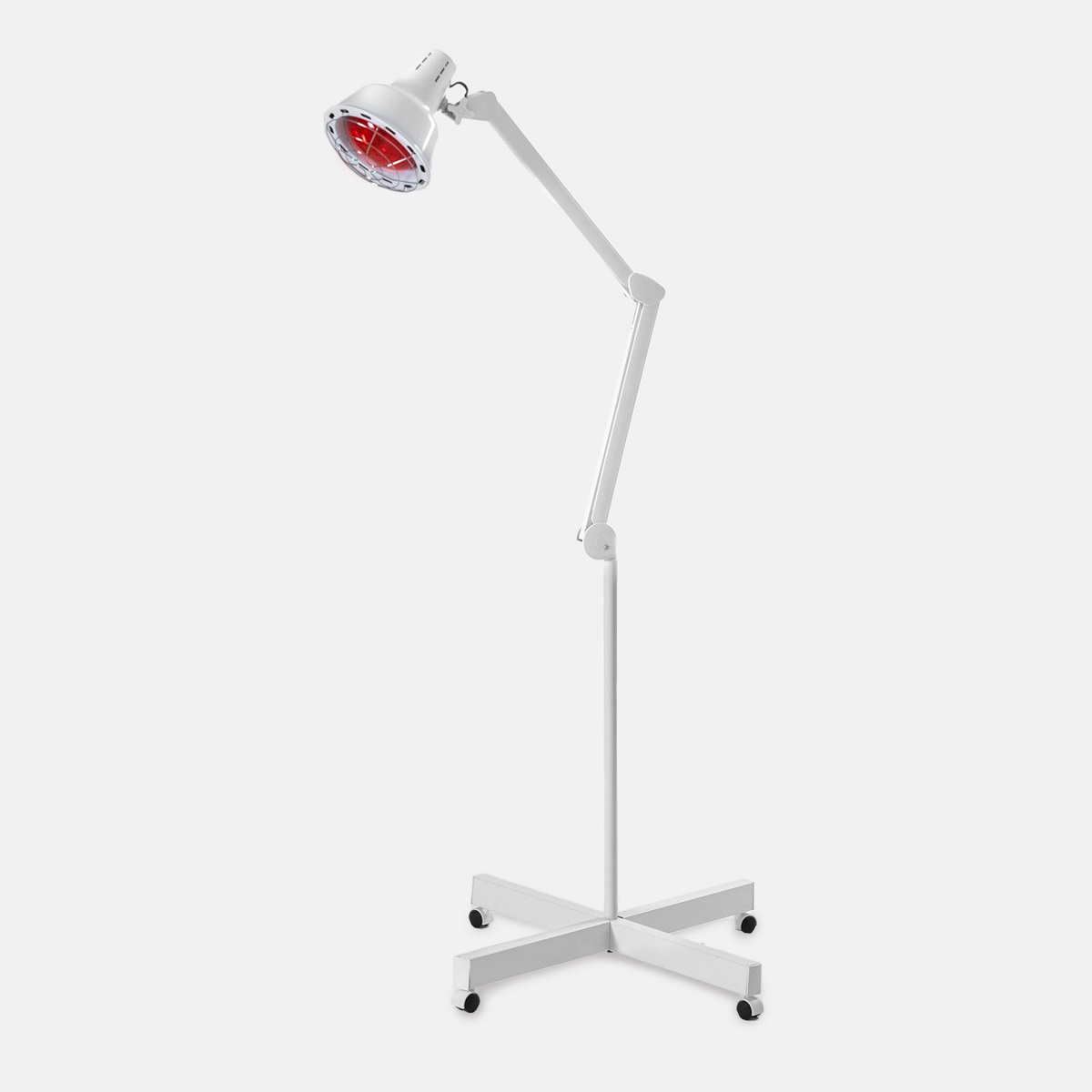 Lampada a infrarossi MYSO con base a croce stabile, braccio articolato e lampadina Philips a infrarossi.