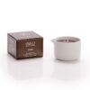 Candela da massaggio al cacao Vivalu in contenitore bianco con scatola marrone accanto.