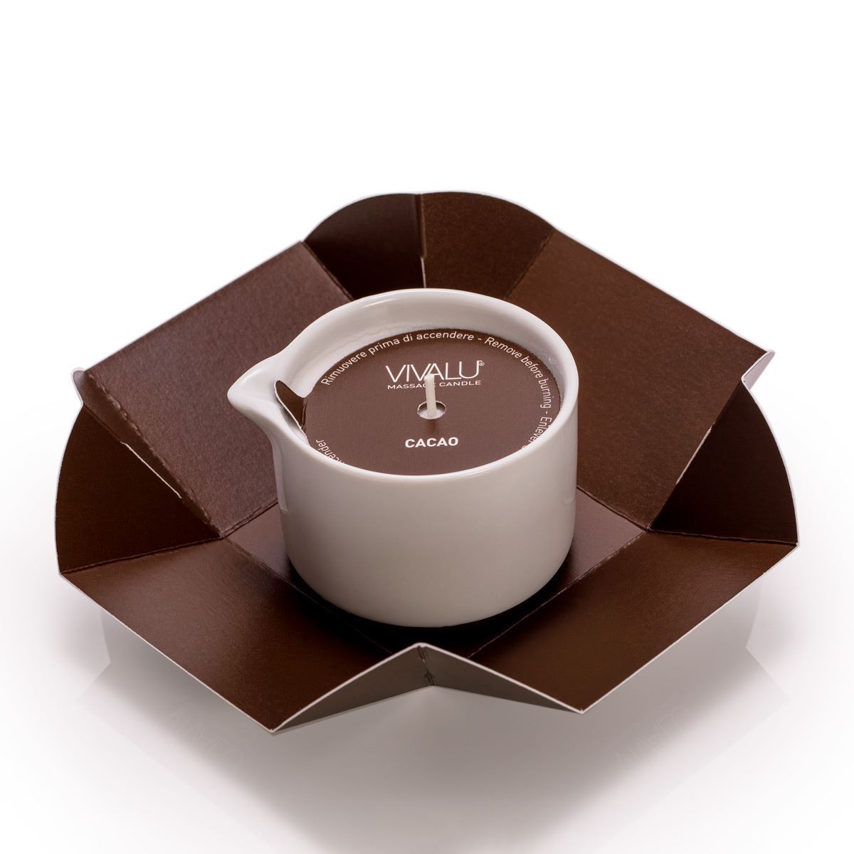 Candela da massaggio al cacao Vivalu in confezione aperta, con dettagli sul prodotto e protezione in cartone marrone.