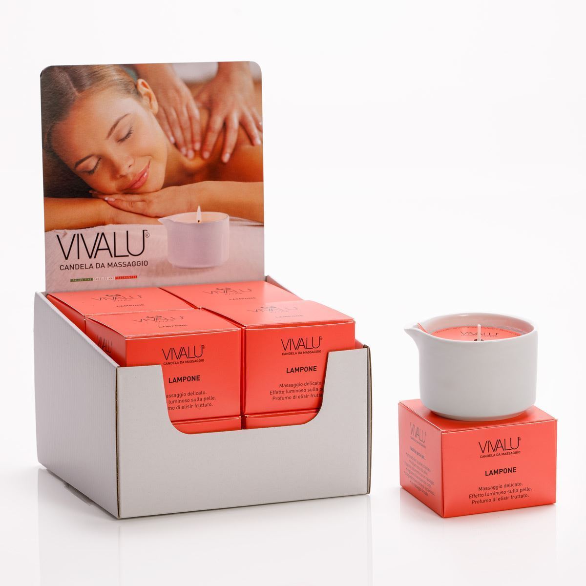 Candela da massaggio VIVALU al lampone con packaging espositivo.