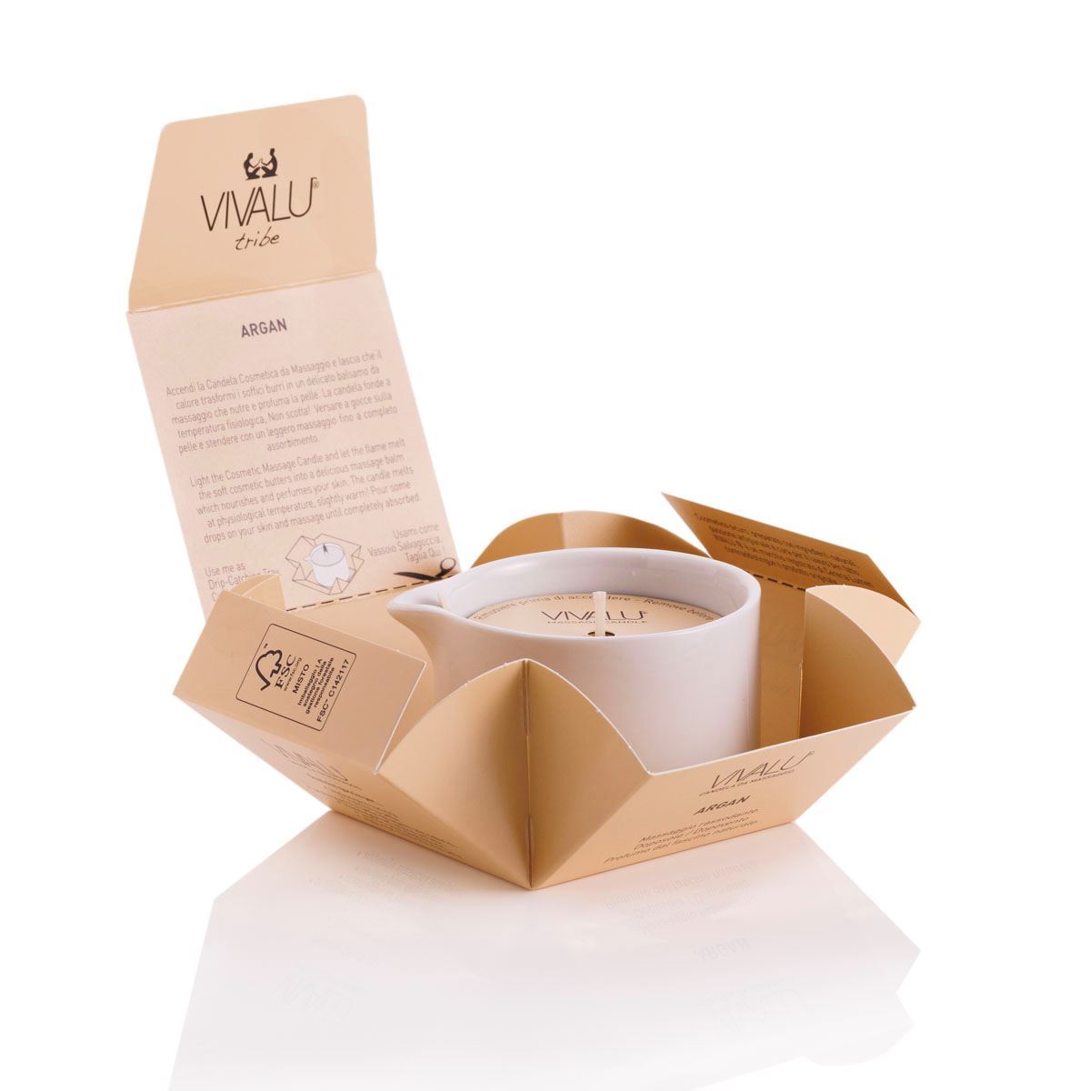 Candela da massaggio all'argan Vivalu in confezione aperta, con istruzioni dettagliate stampate all'interno.