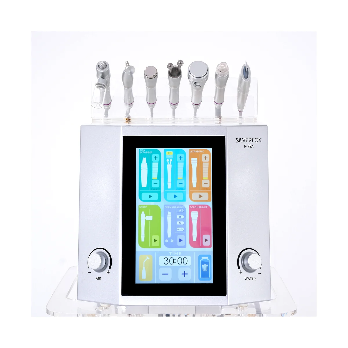 Apparecchio viso multifunzione professionale SilverFox F-381 con display touch e manipoli per trattamenti estetici viso