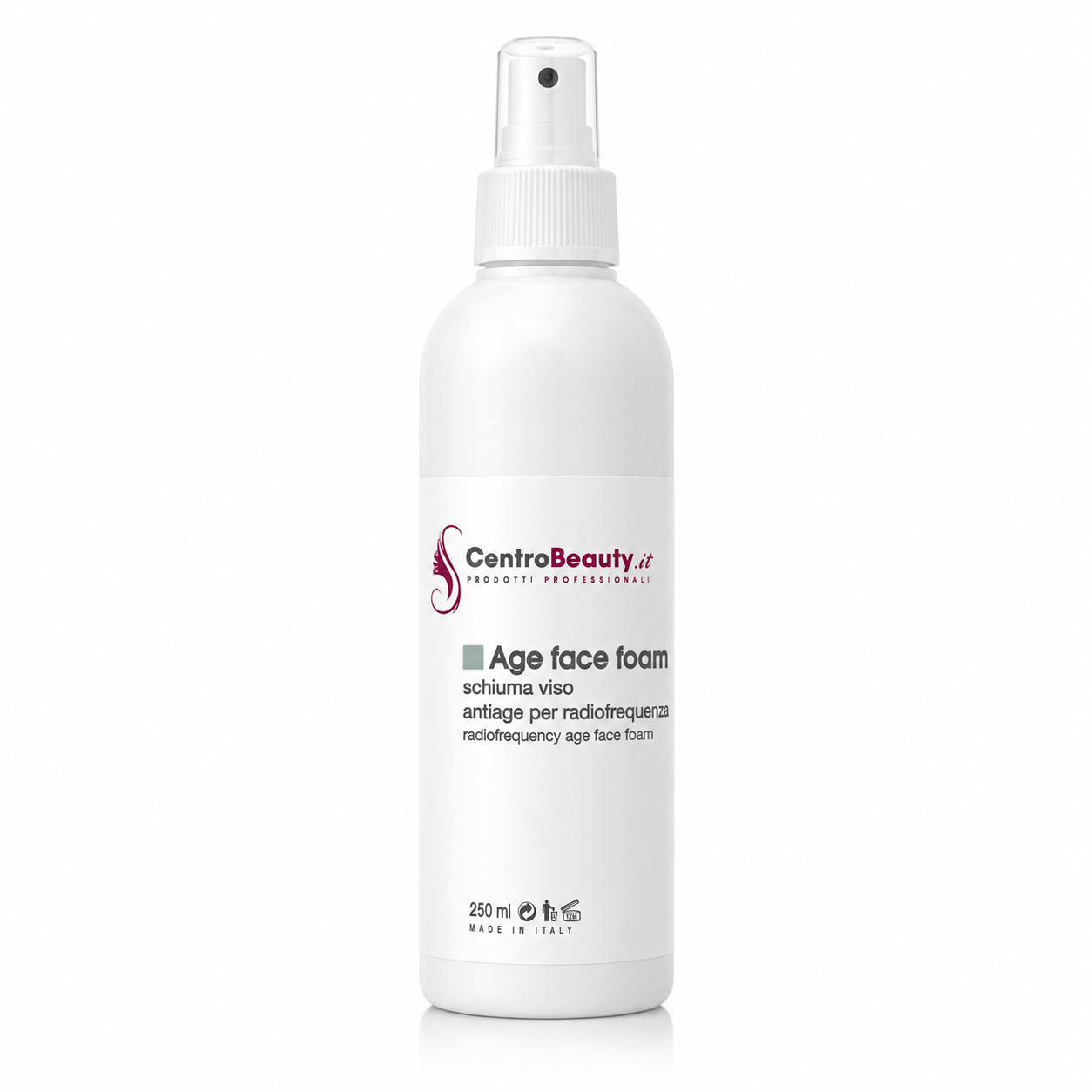Age Face Foam CentroBeauty, schiuma viso antiage vaporizzata in ambientazione spa con manipolo RF sullo sfondo