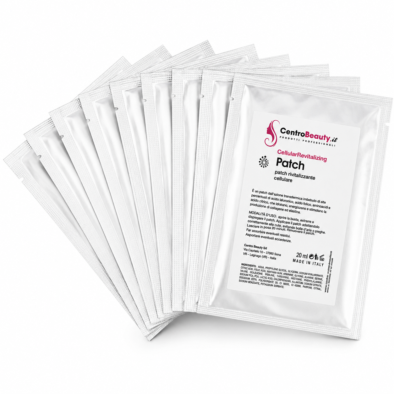 Dieci bustine Cellular Revitalizing Patch Centro Beauty disposte a ventaglio su sfondo bianco, trattamento rivitalizzante per viso e collo