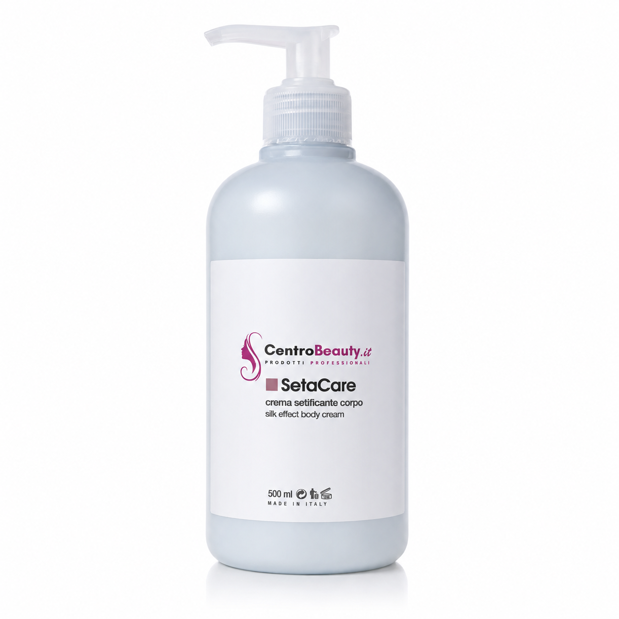 Flacone SetaCare CentroBeauty da 500 ml, crema setificante corpo effetto seta, su sfondo bianco per e-commerce