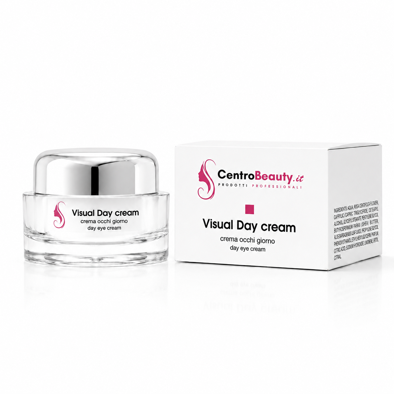 Visual Day Cream Centro Beauty con vasetto e astuccio su sfondo bianco