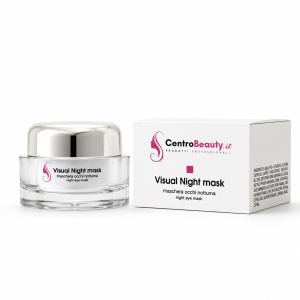 Visual Night Mask Centro Beauty con barattolo e astuccio su sfondo bianco, maschera occhi notturna professionale